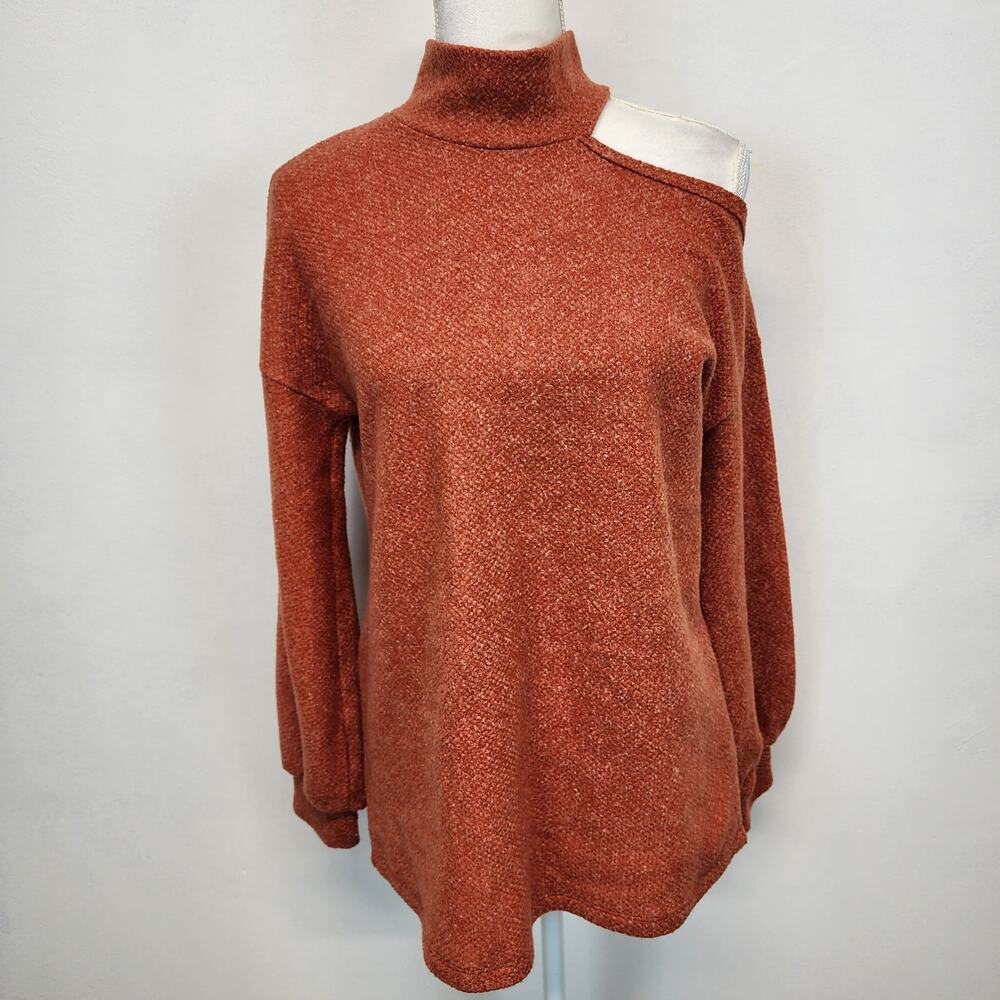White Birch Womens Mock Neck Balloon Sleeve Sweater Size L Burnt Orange Cutout